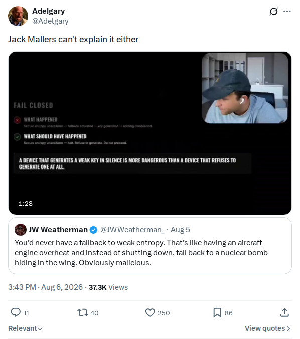 Captured screenshot: Quote-post of the Mallers fail-closed clip