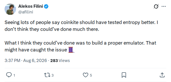 Captured screenshot of the post by @afilini