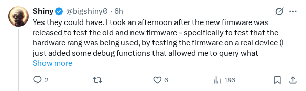 Captured screenshot of the reply by @bigshiny0
