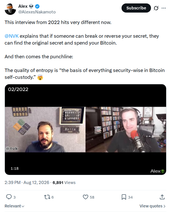 Captured screenshot: Resurfaced 2022 NVK interview on entropy quality