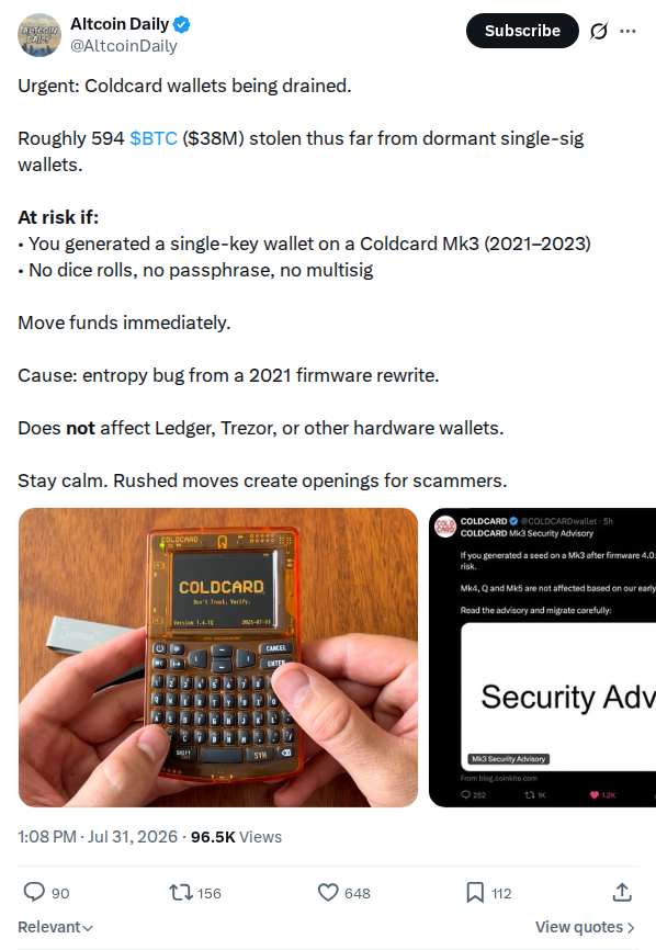Captured screenshot: Altcoin Daily urgent Coldcard drain warning