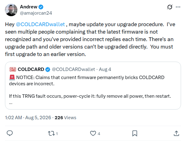 Captured screenshot: Coldcard upgrade procedure correction