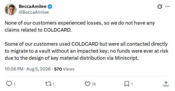 Captured screenshot: AnchorWatch says no customer losses from COLDCARD