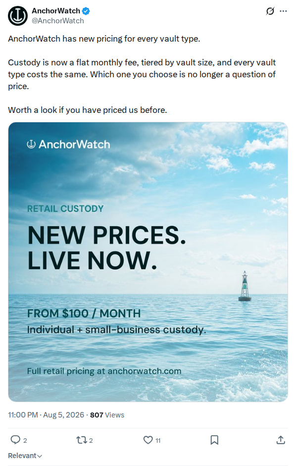 Captured screenshot: AnchorWatch introduces flat-fee custody pricing