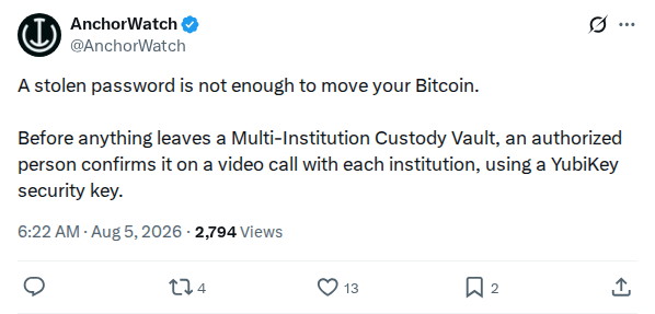 Captured screenshot: AnchorWatch says a stolen password is not enough to move Bitcoin