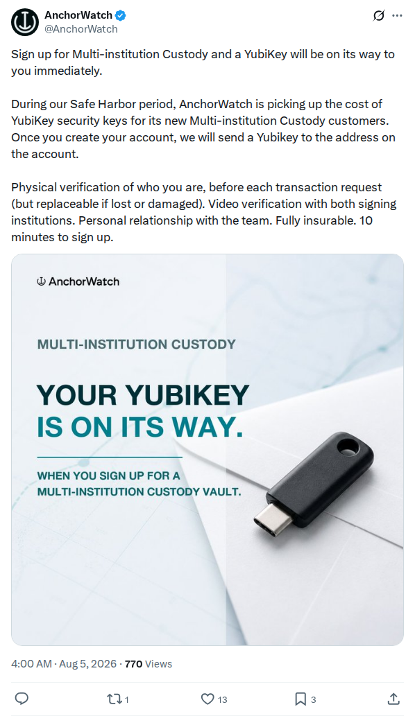 Captured screenshot: AnchorWatch offers YubiKey during safe-harbor signup