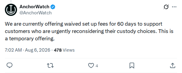 Captured screenshot: AnchorWatch waives setup fees for custody migration