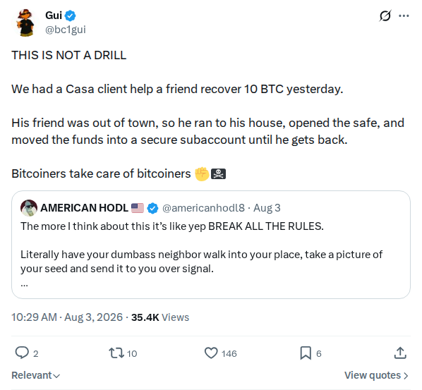 Captured screenshot: Casa client helps friend recover 10 BTC during COLDCARD incident