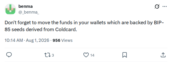 Captured screenshot: Benma: BIP85 downstream-wallet warning