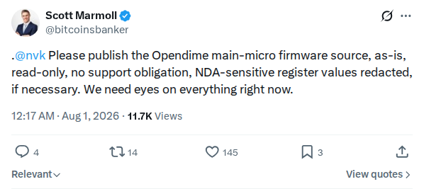 Captured screenshot: Request to publish Opendime main-micro firmware source