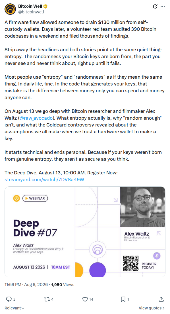 Captured screenshot: Bitcoin Well entropy webinar promotion