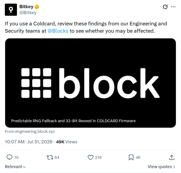 Captured screenshot: Bitkey pointer to Block findings