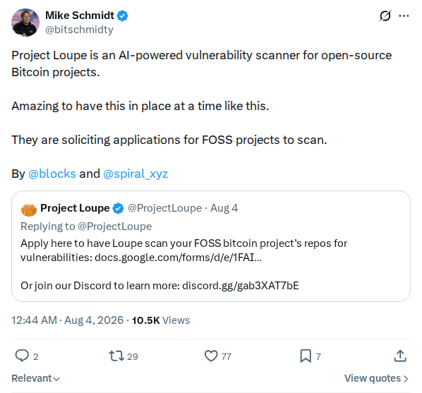 Captured screenshot: Mike Schmidt announces Project Loupe AI vulnerability scanner for Bitcoin FOSS
