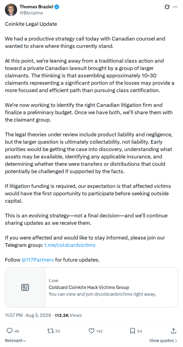 Captured screenshot: Coinkite legal strategy update
