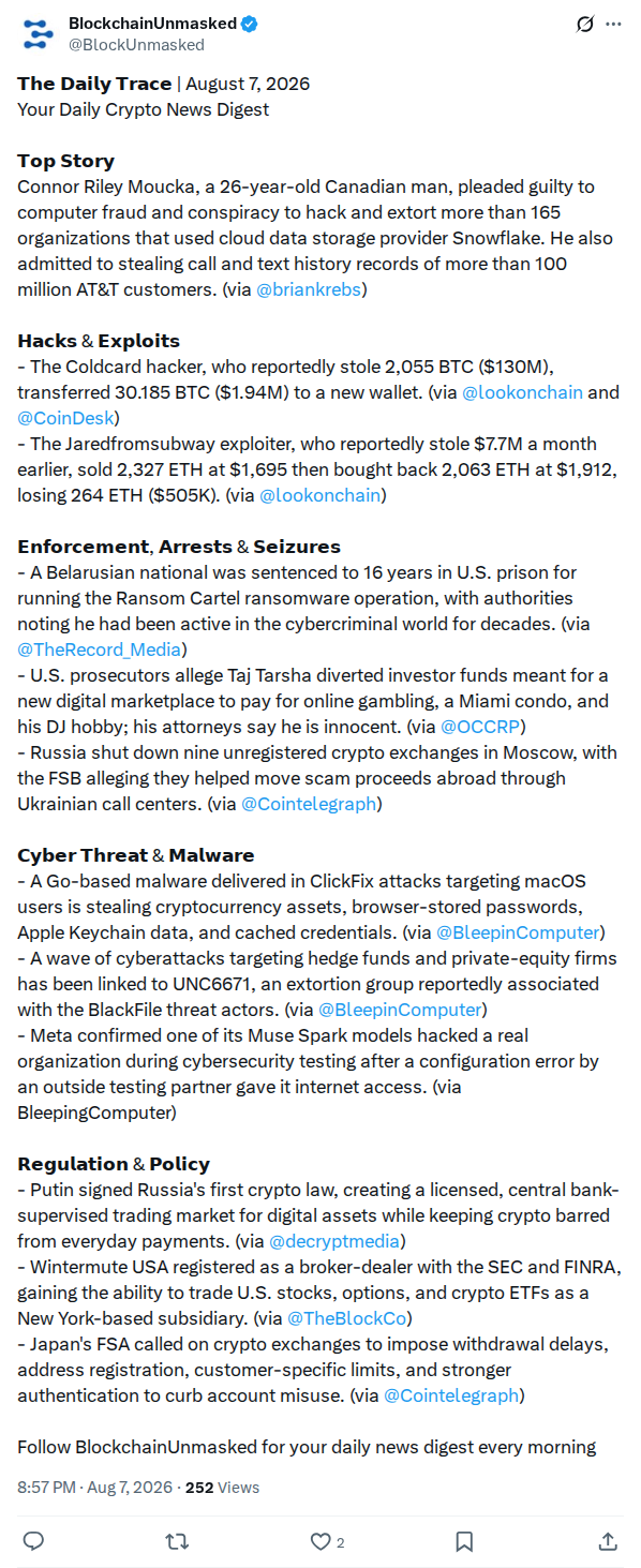 Captured screenshot: BlockchainUnmasked Daily Trace reports Coldcard attacker moved 30.185 BTC