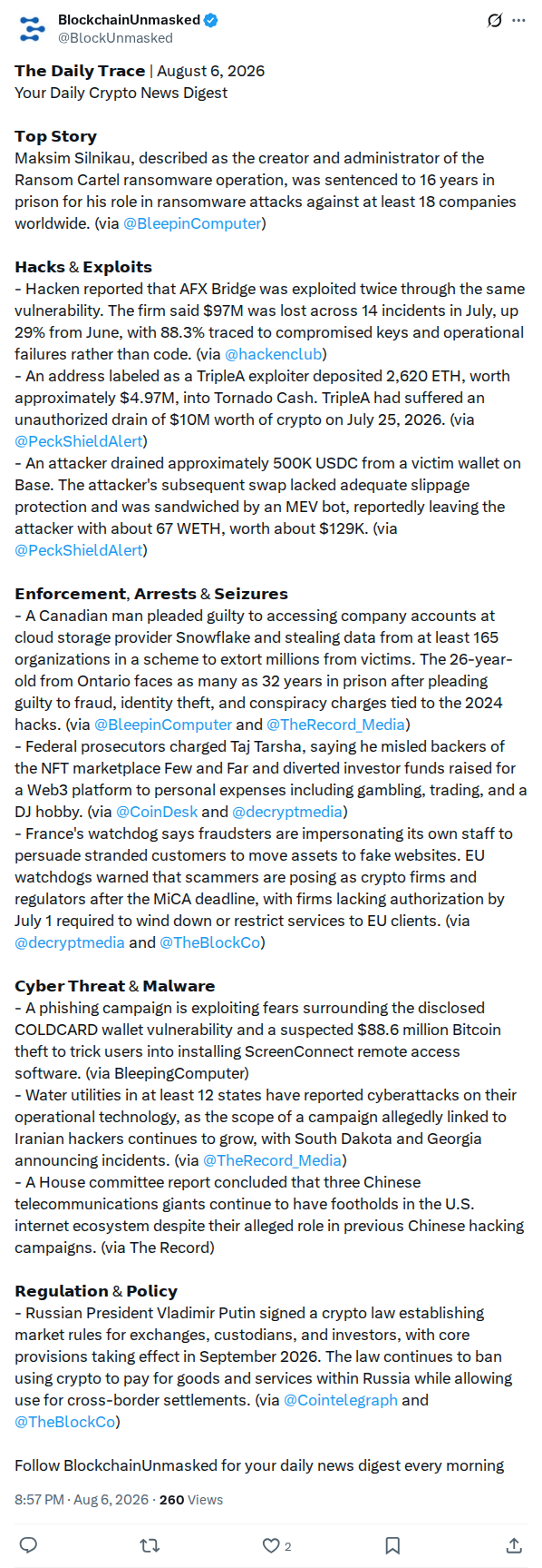 Captured screenshot: BlockchainUnmasked Daily Trace notes Coldcard-themed phishing campaign