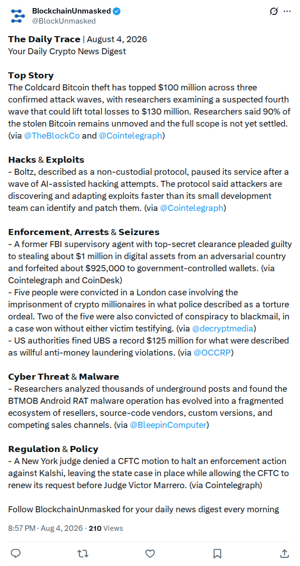 Captured screenshot: Blockchain Unmasked three-wave trace update