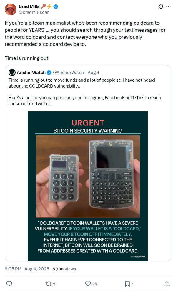 Captured screenshot: Appeal to contact prior COLDCARD recommendees