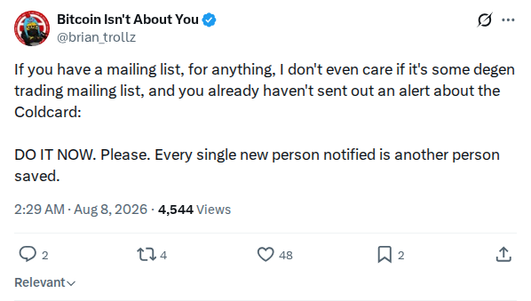 Captured screenshot: Appeal to broadcast Coldcard alert via mailing lists