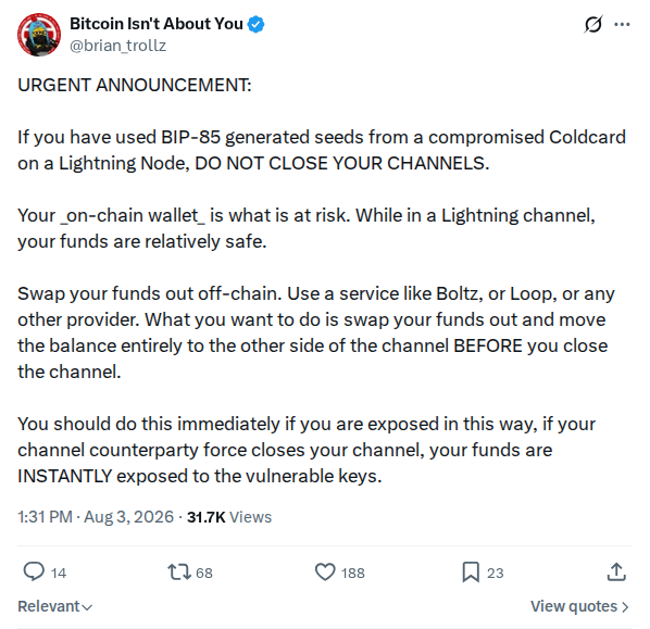 Captured screenshot: Lightning channel closure warning for BIP-85 seeds