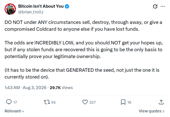 Captured screenshot: Preserve compromised Coldcard for ownership proof