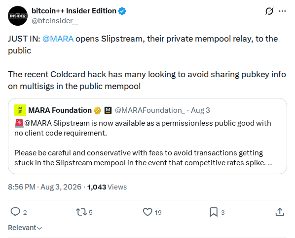 Captured screenshot: bitcoin++ Insider reports MARA Slipstream opened to the public