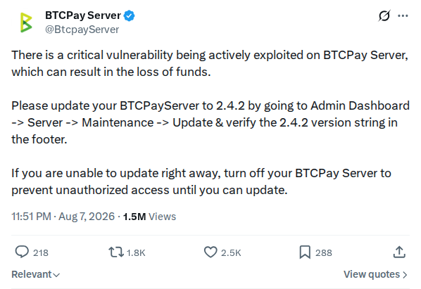 Captured screenshot: BTCPay Server active-exploit update instructions