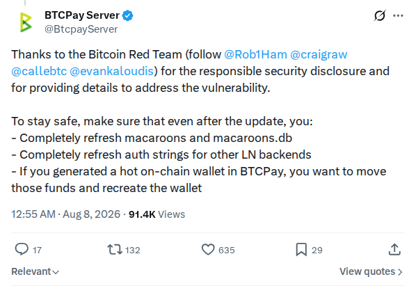 Captured screenshot: BTCPay Server vulnerability acknowledgement and safety steps