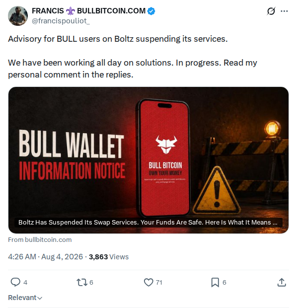 Captured screenshot: Boltz suspension advisory for BULL users