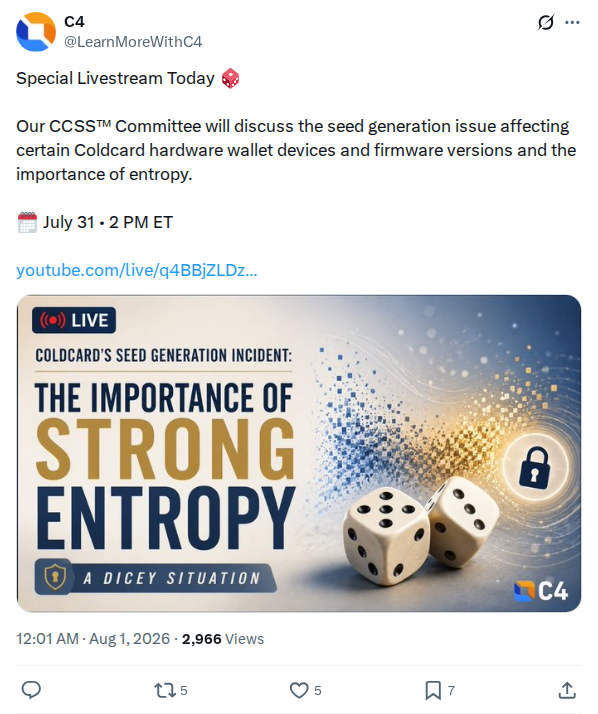 Captured screenshot: C4 CCSS Committee livestream on seed generation and entropy