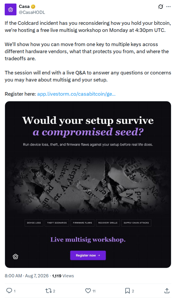 Captured screenshot: Casa multisig workshop promotion