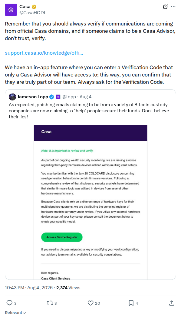 Captured screenshot: Casa warns users to verify official communications and advisor identities
