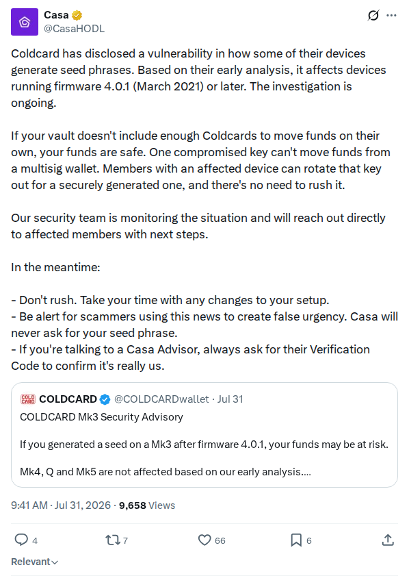 Captured screenshot: Casa publishes initial Coldcard vulnerability analysis and multisig guidance