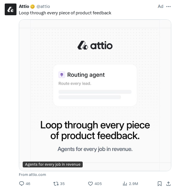 Captured screenshot of the reply by @attio