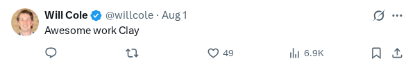 Captured screenshot of the reply by @willcole