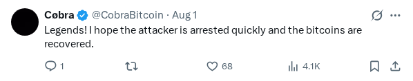 Captured screenshot of the reply by @CobraBitcoin