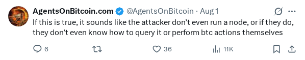Captured screenshot of the reply by @AgentsOnBitcoin