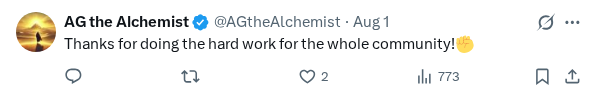 Captured screenshot of the reply by @AGtheAlchemist