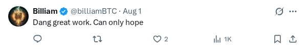 Captured screenshot of the reply by @billiamBTC
