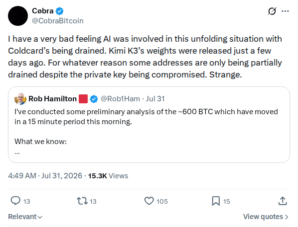 Captured screenshot: CobraBitcoin speculates on AI involvement in the Coldcard drains