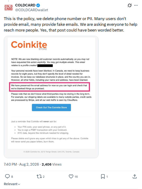 Captured screenshot: Reply on outreach data handling and PII deletion