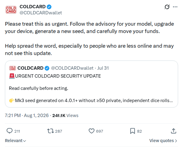 Captured screenshot: COLDCARD Urgent Migration Appeal