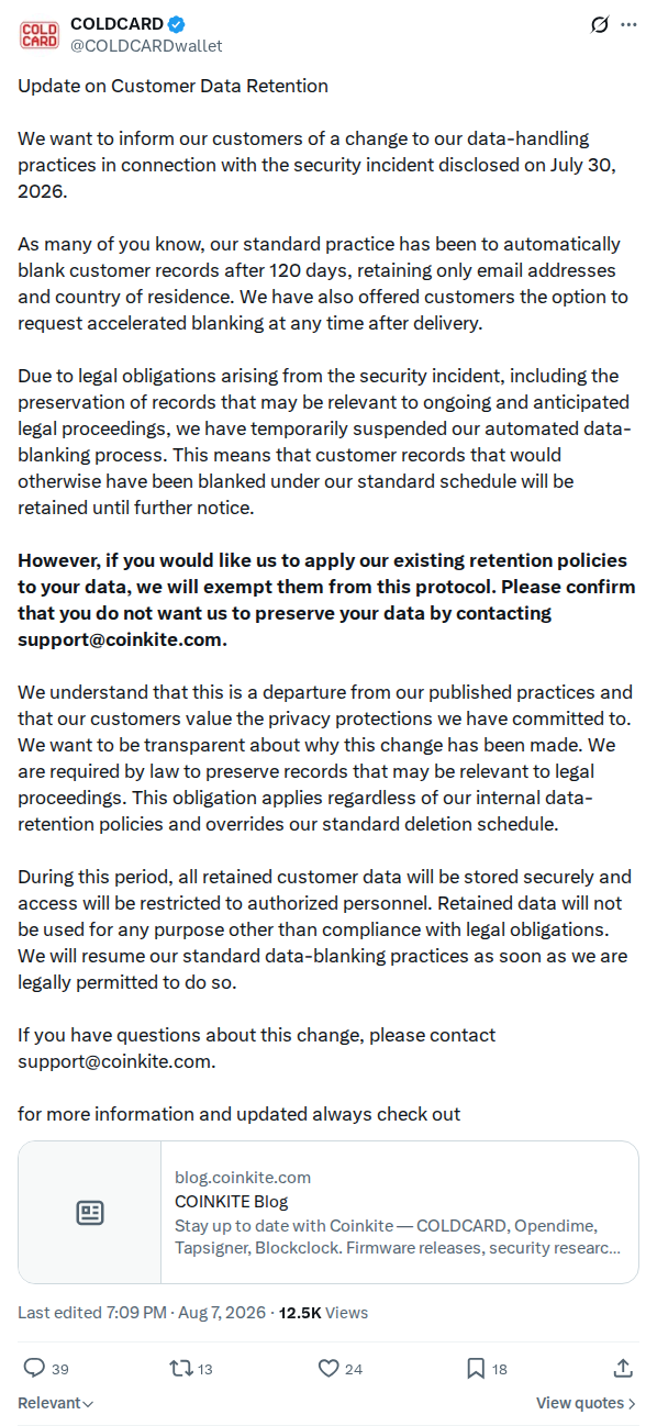 Captured screenshot: Customer data retention suspended