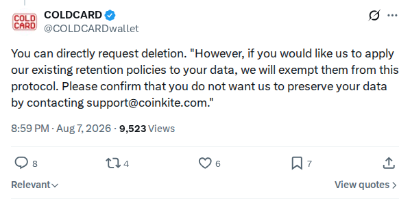 Captured screenshot: Data retention deletion request reply
