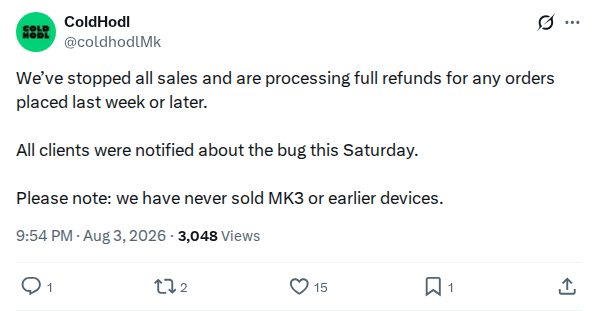 Captured screenshot: ColdHodl halts sales and offers refunds