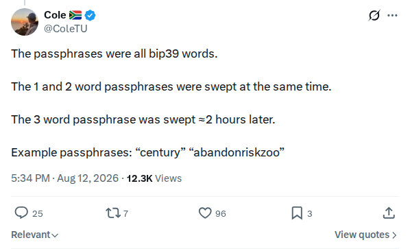Captured screenshot: Passphrase structure and sweep timing