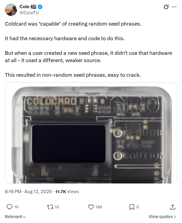 Captured screenshot: Cole on the Coldcard RNG hardware bypass