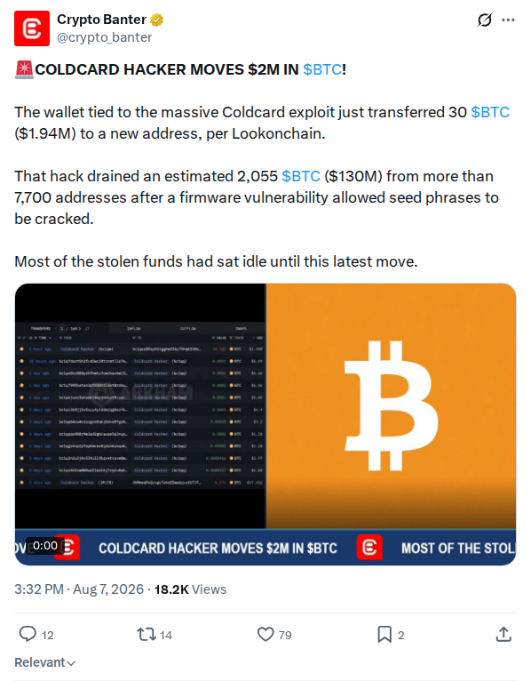 Captured screenshot: Reported 30 BTC movement of the stolen funds