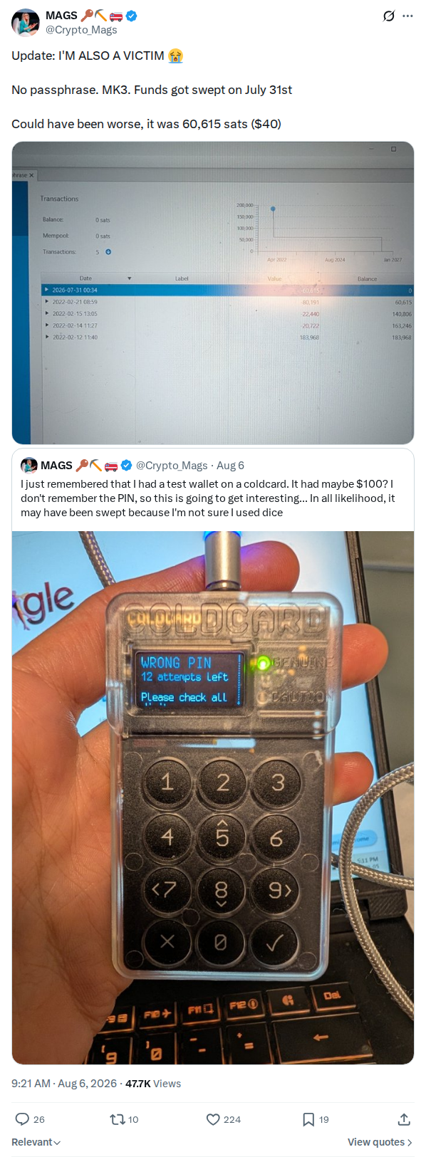 Captured screenshot: Mk3 victim self-report, 60,615 sats